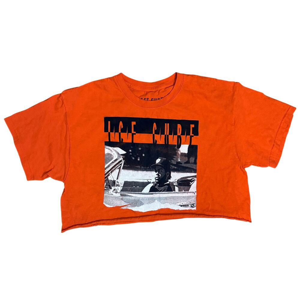 Ice Cube Hip Hop Rap Graphic Crop Top T Shirt Unfinished Hem Size L
